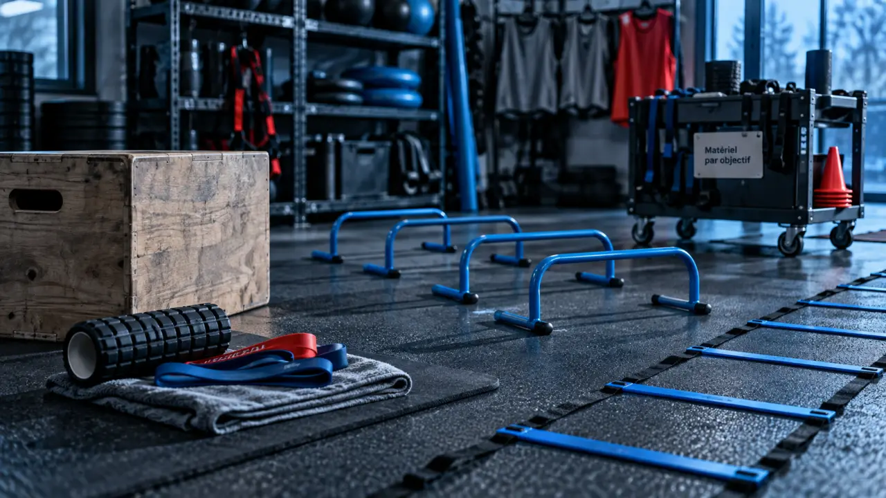 Matériel préparation physique : tapis antidérapant, plyobox, échelle et bandes élastiques