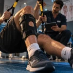 Renforcement musculaire kinésithérapie : patient fait un exercice de mobilité en séance