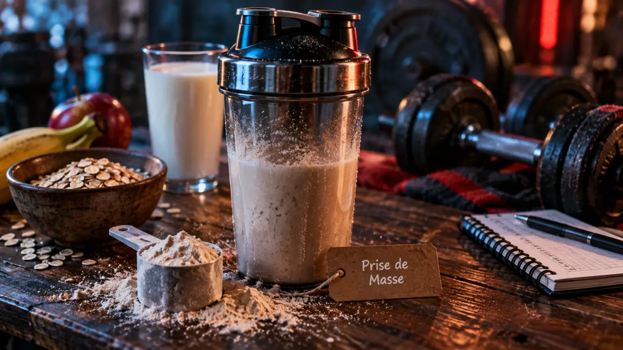 Shaker de whey protéine prise de masse sur table