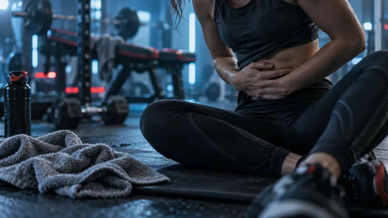Courbature ventre après effort, posture de protection en salle de sport