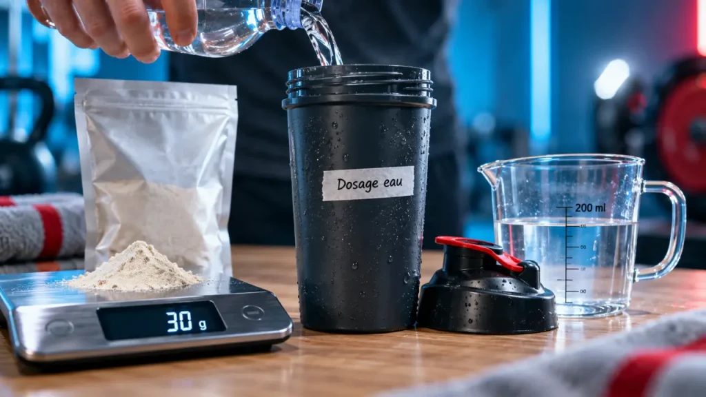 Dosage whey eau : 30 g pour 200 ml, puis ajustez la texture
