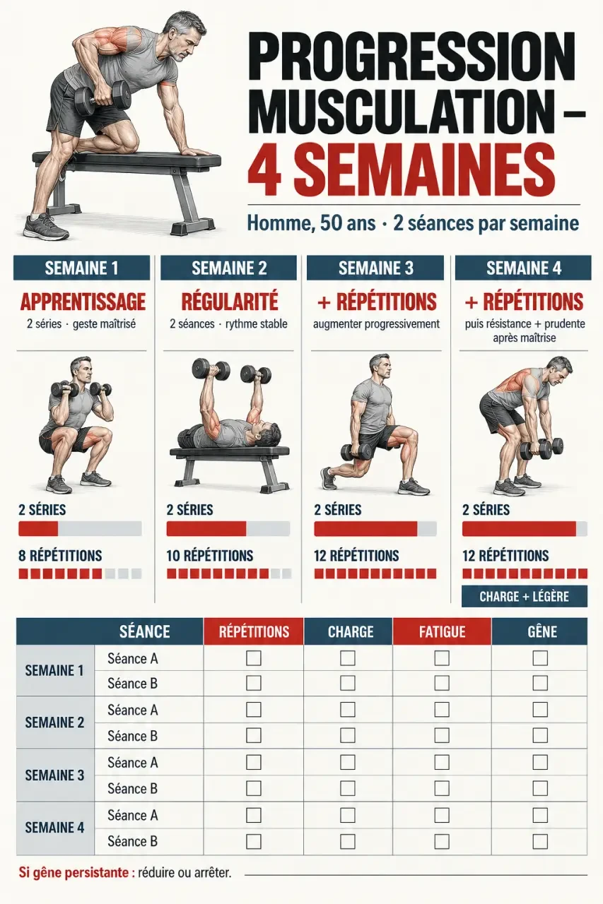 Programme de musculation pour homme de 50 ans PDF : progression et suivi sur quatre semaines
