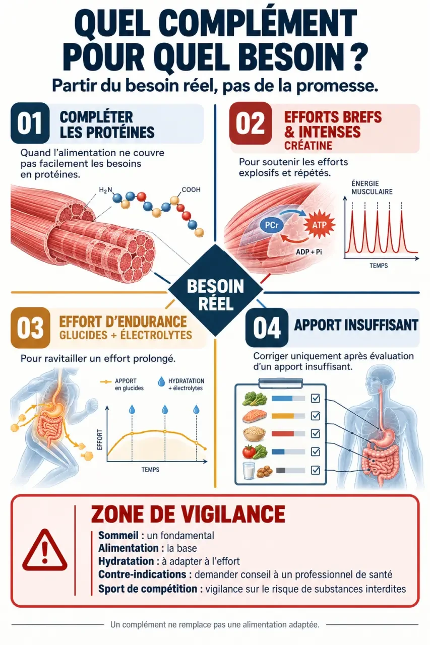 Infographie sur le complément alimentaire pour sportif selon l’objectif et le besoin nutritionnel