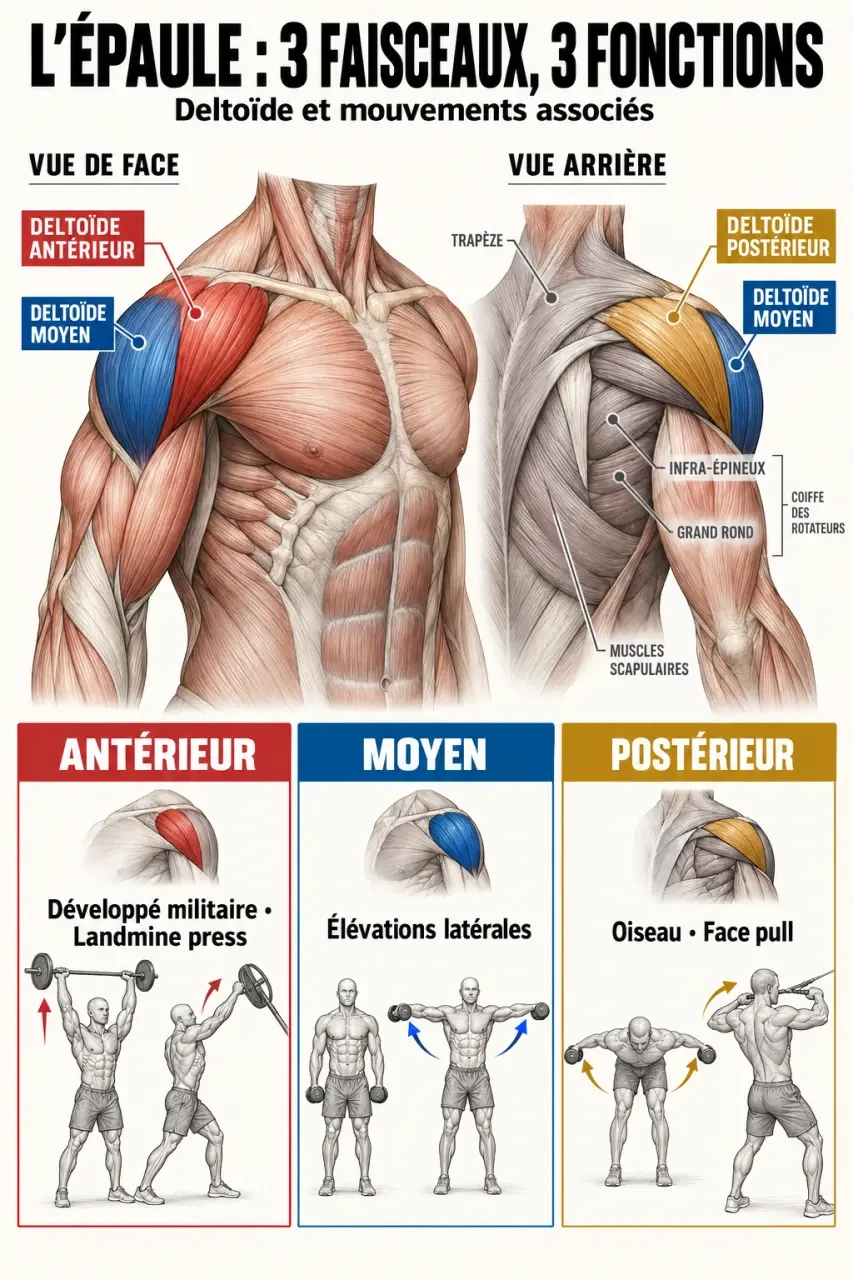 Exo epaule : schéma des faisceaux du deltoïde et des exercices associés