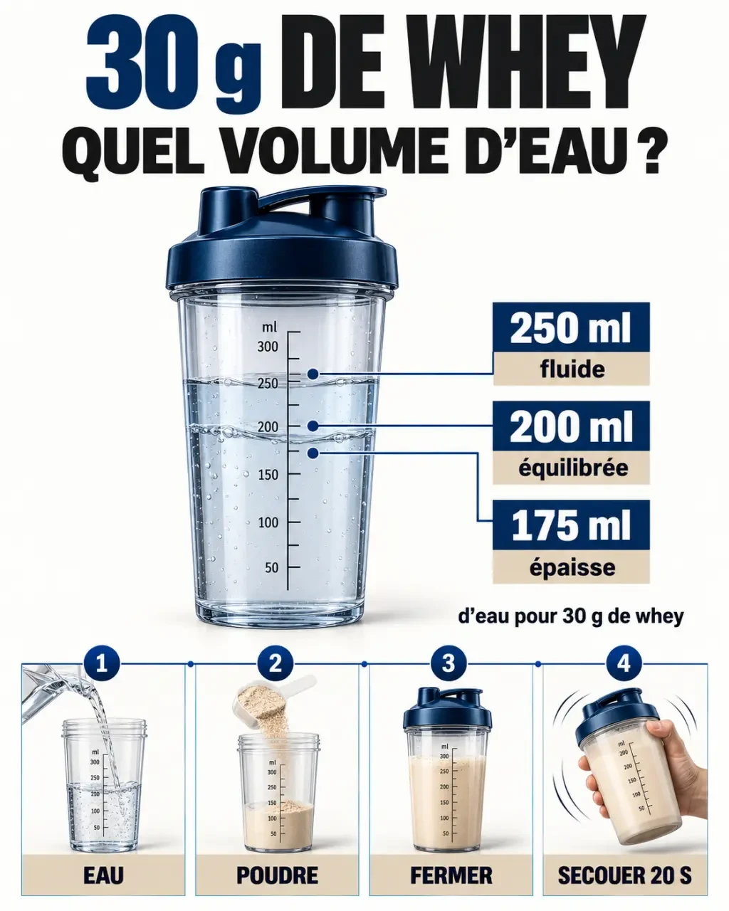 Infographie du dosage whey eau avec 30 g de poudre et différents volumes d’eau