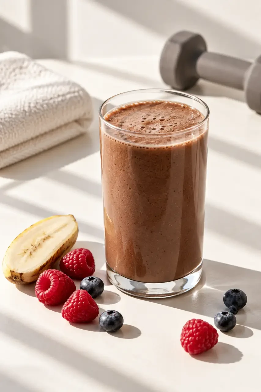 Smoothie protéine sport à la banane et au cacao après l’entraînement