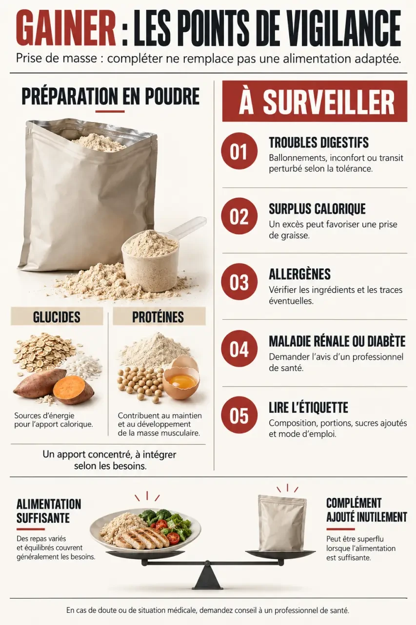 Gainer prise de masse danger : infographie sur les troubles digestifs, la prise de graisse et les précautions