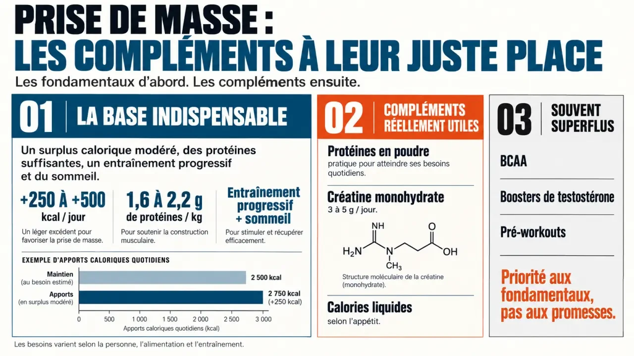 Infographie sur les compléments pour la prise de masse et les priorités nutritionnelles