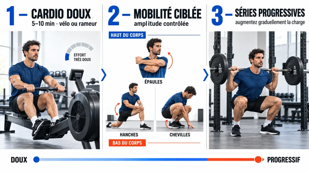 Échauffement avant muscu en trois étapes : cardio doux, mobilité ciblée et montée en charge progressive