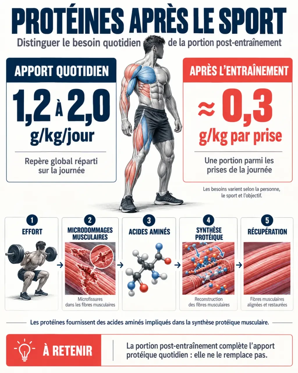 Infographie sur les protéines après le sport, les besoins quotidiens et la récupération musculaire