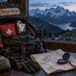 Sport et montagne : marge énergie, sac de randonnée avec matériel et carte topo