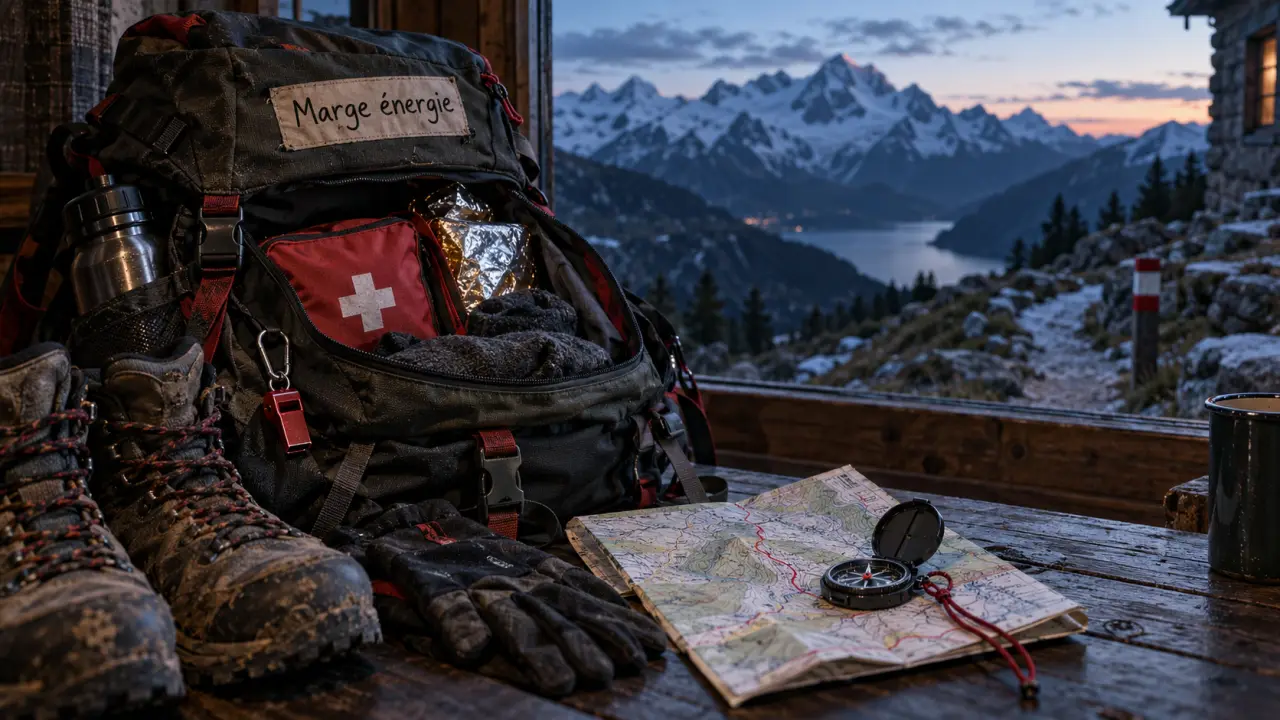 Sport et montagne : marge énergie, sac de randonnée avec matériel et carte topo